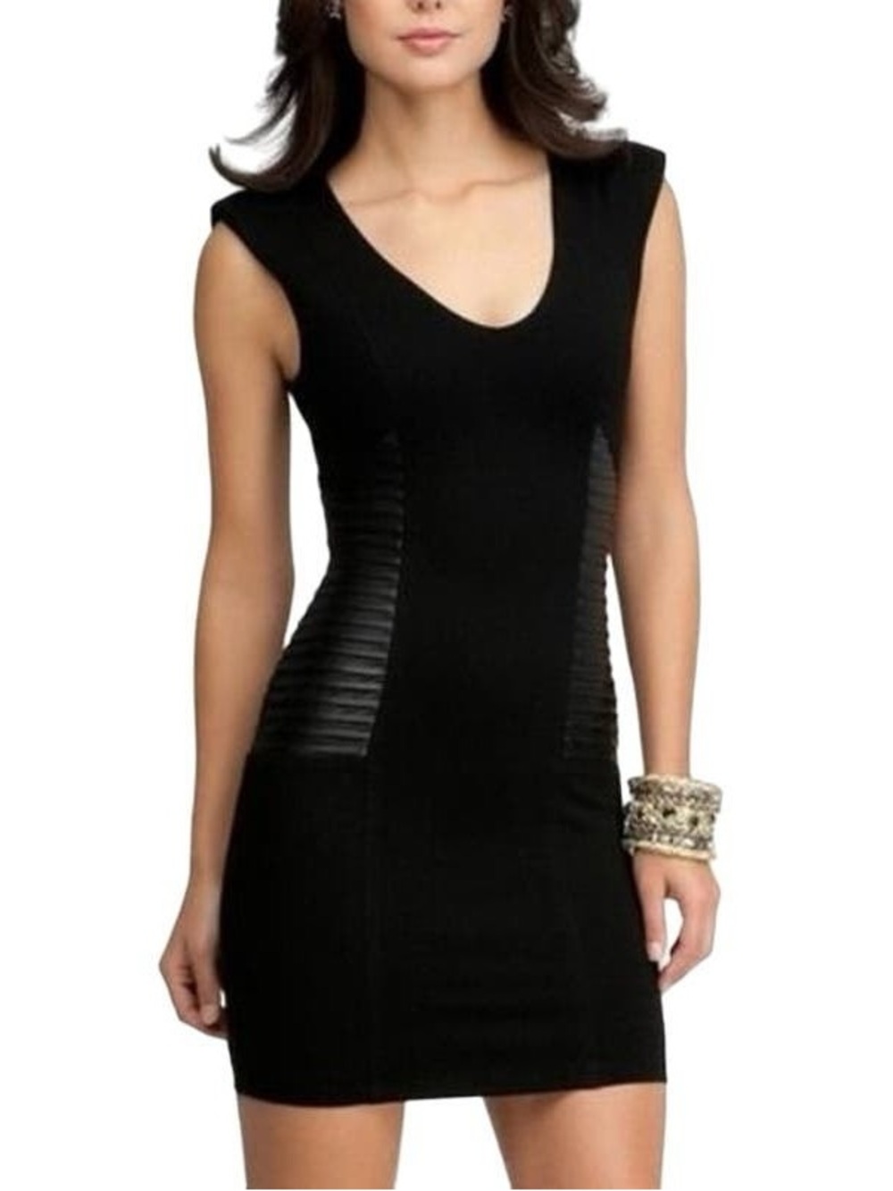 Bebe Black Sleeveless V-Neck Side Pleated Faux Leather Bodycon Mini Dress Sz S